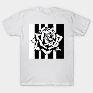 Hand Drawn Rose Black White On Stripes 2 T-Shirt